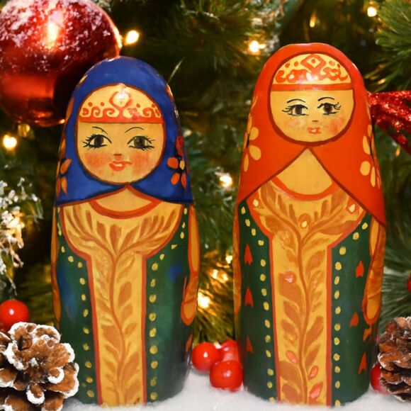 Matryoshka Russian Chime Doll Vintage Hand Painted Roly Poly Folk Art Set of 2 - Picture 1 of 16